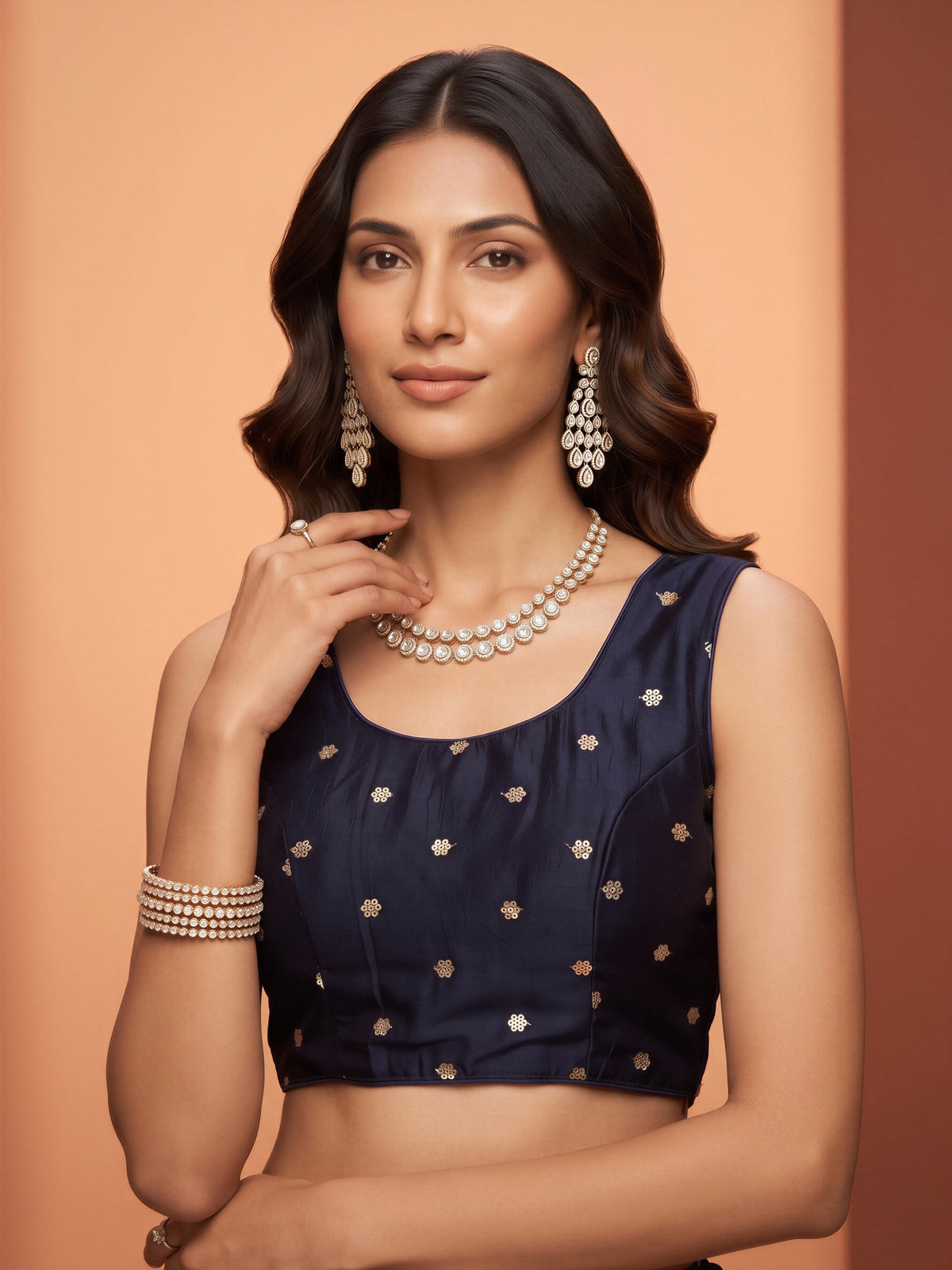 Black sequin embellished chinnon sleeveless readymade saree blouse with round neck view 3