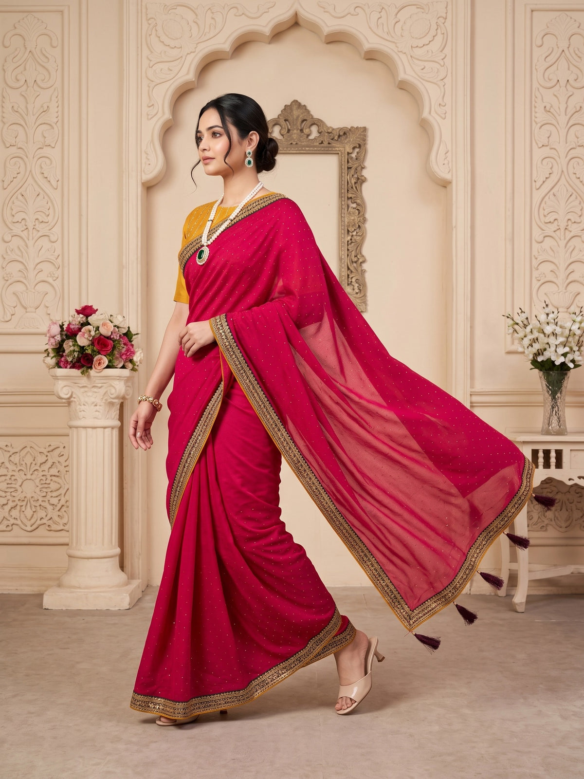 Pink Vichitra Silk saree – detail view 2