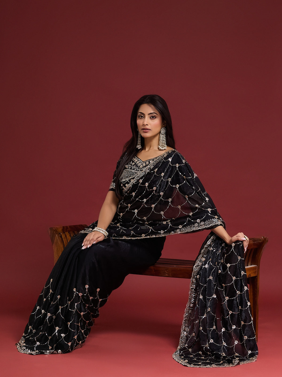 Black Satin saree – detail view 2