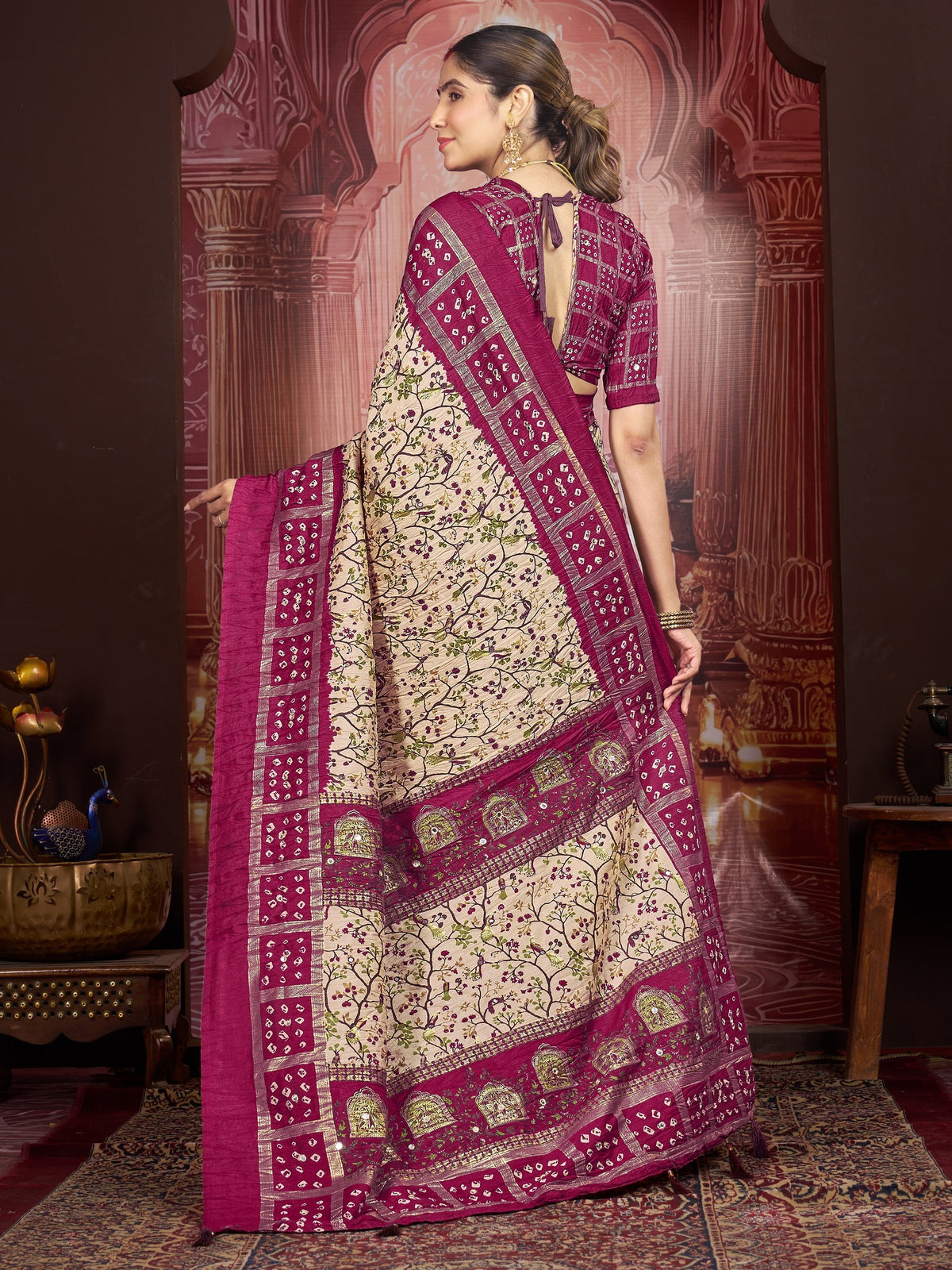 Cream tussar silk saree view 2