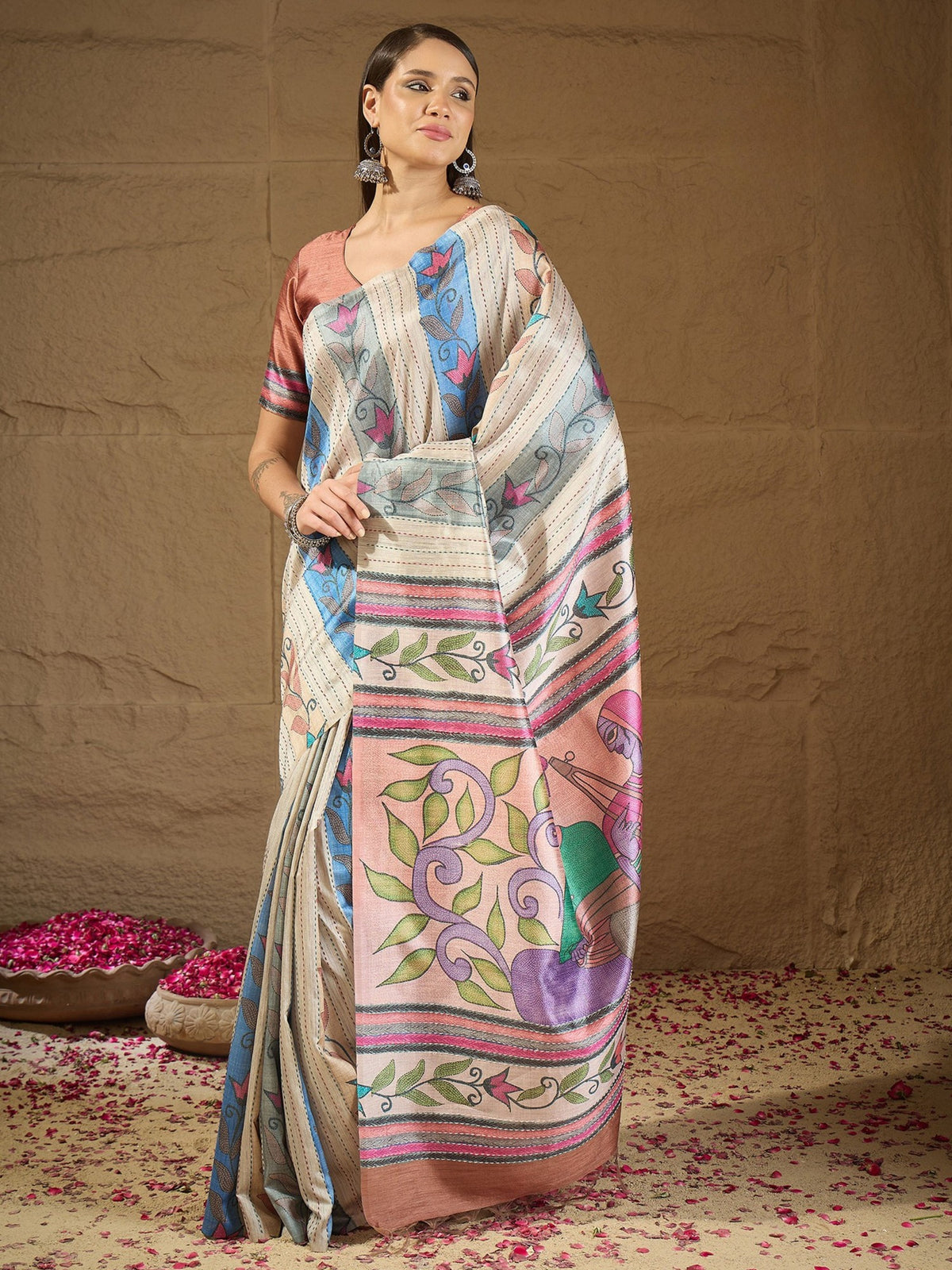 Multicolored kalamkari art silk saree with rose gold blouse piece