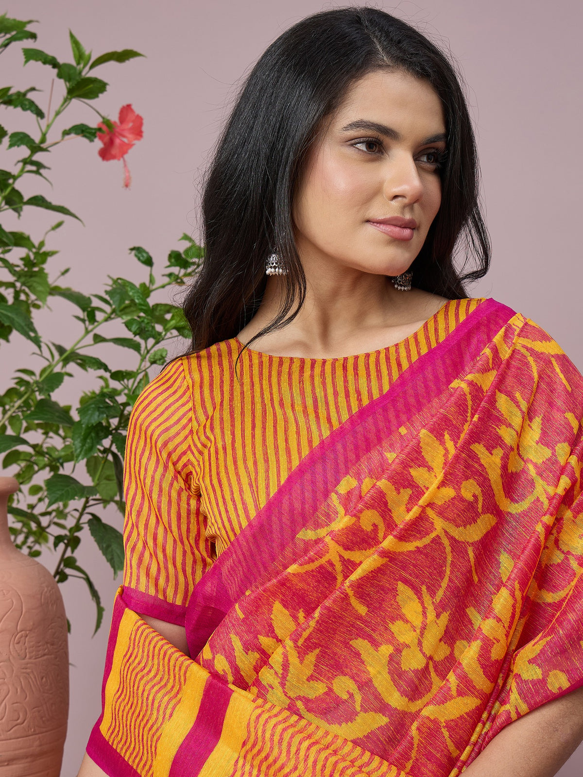 Mustard cotton slub saree view 6