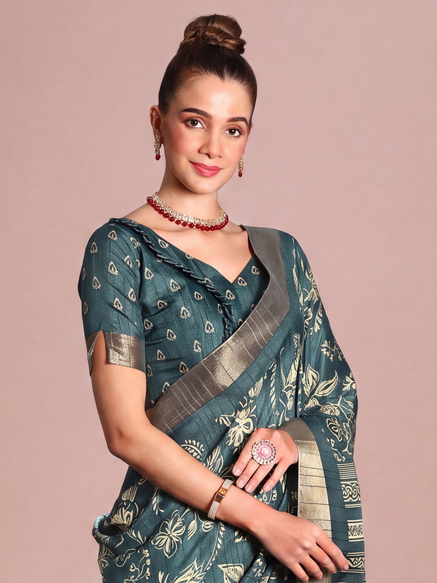 Teal Blue Silk Blend saree – detail view 3