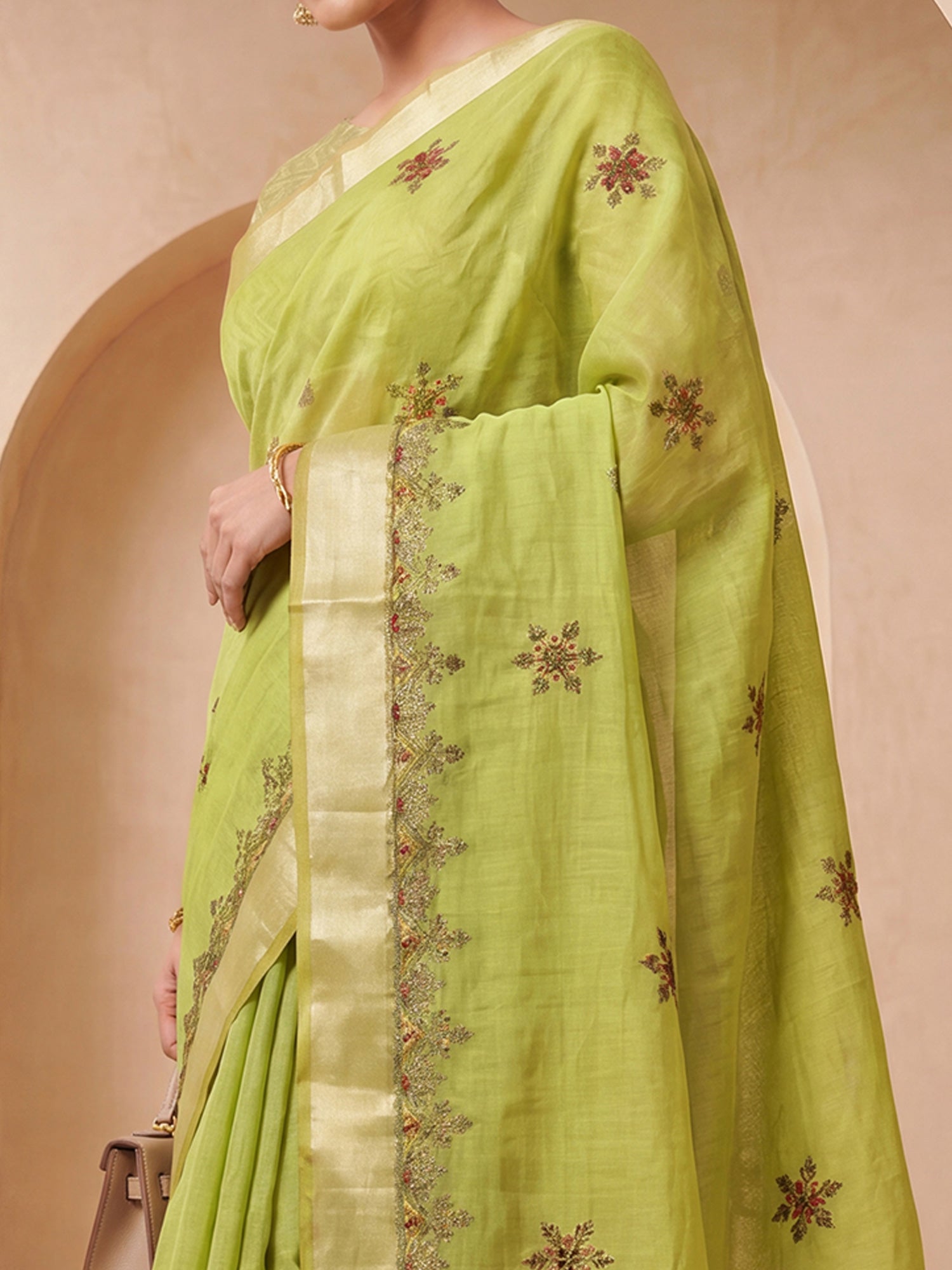 Lime Green Cotton Linen saree – detail view 4