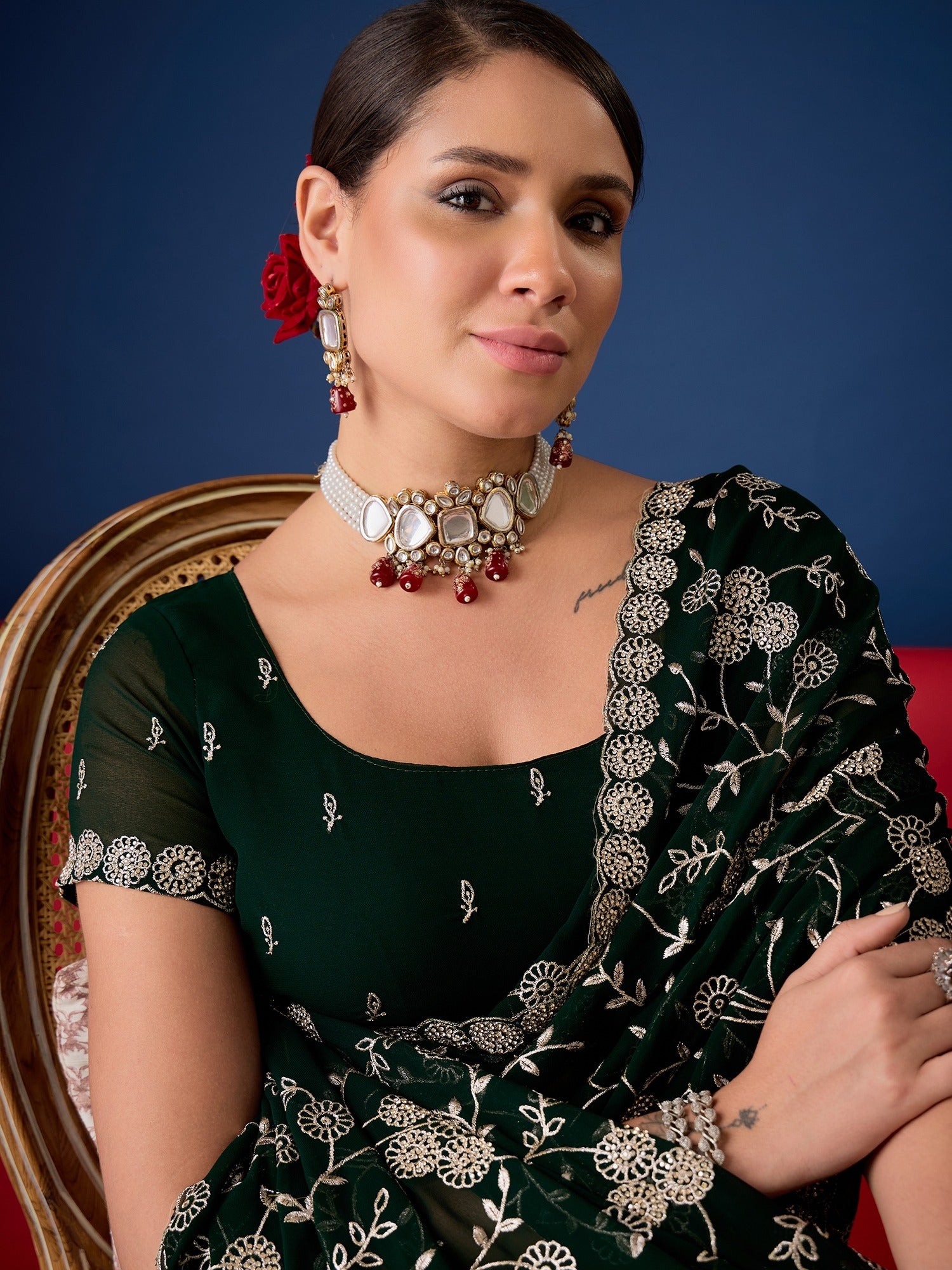 Green Georgette saree – detail view 4