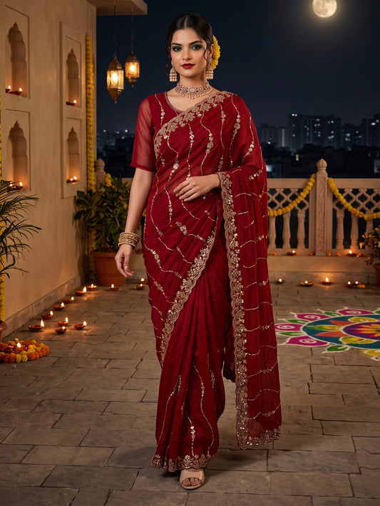 Woman wearing red satin saree with ornamented surface design and red blouse