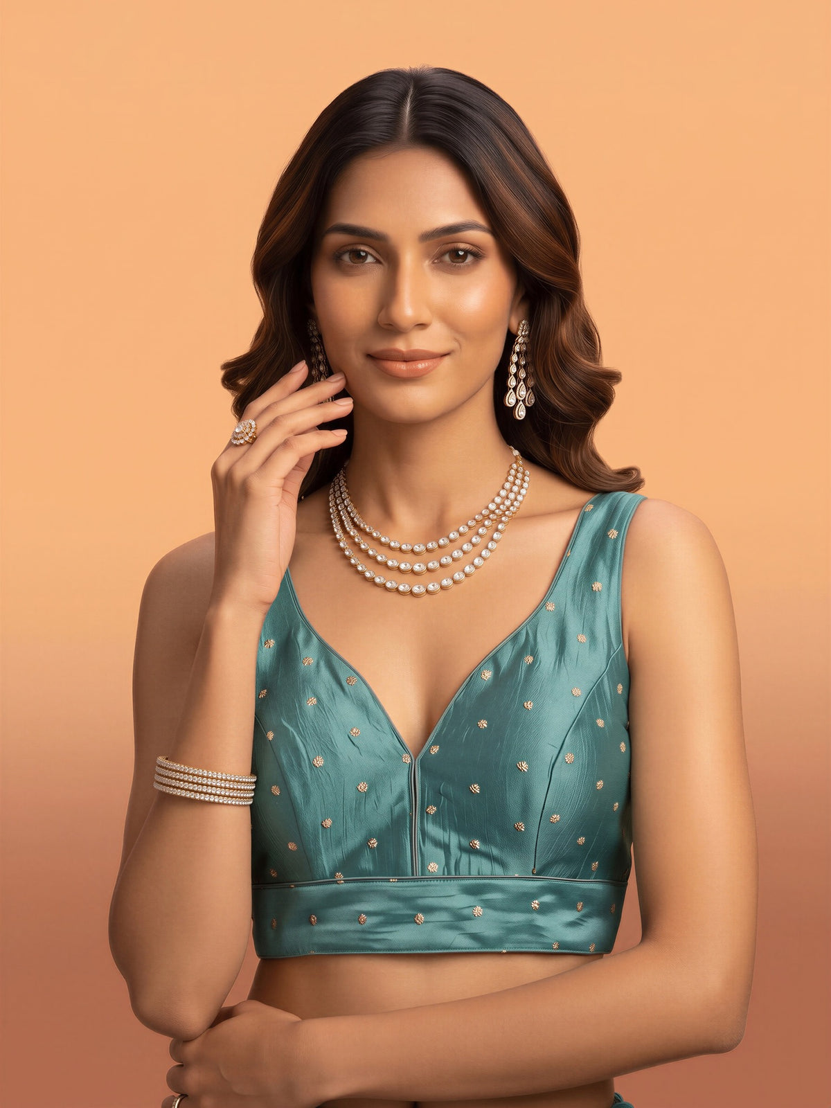 Light Blue sequin embellished silk blend sleeveless readymade saree blouse with v neck view 3