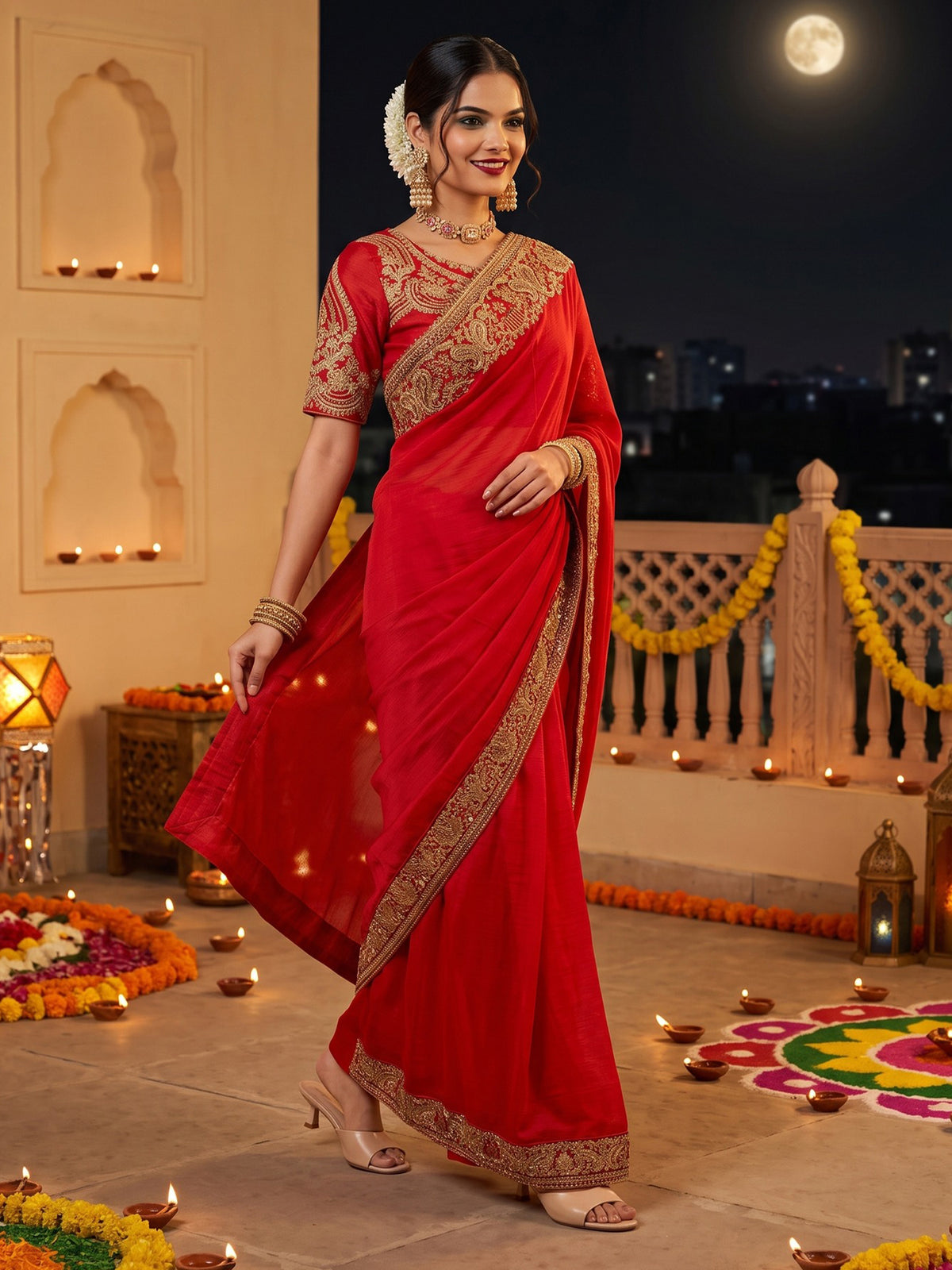 Red Satin saree – detail view 3