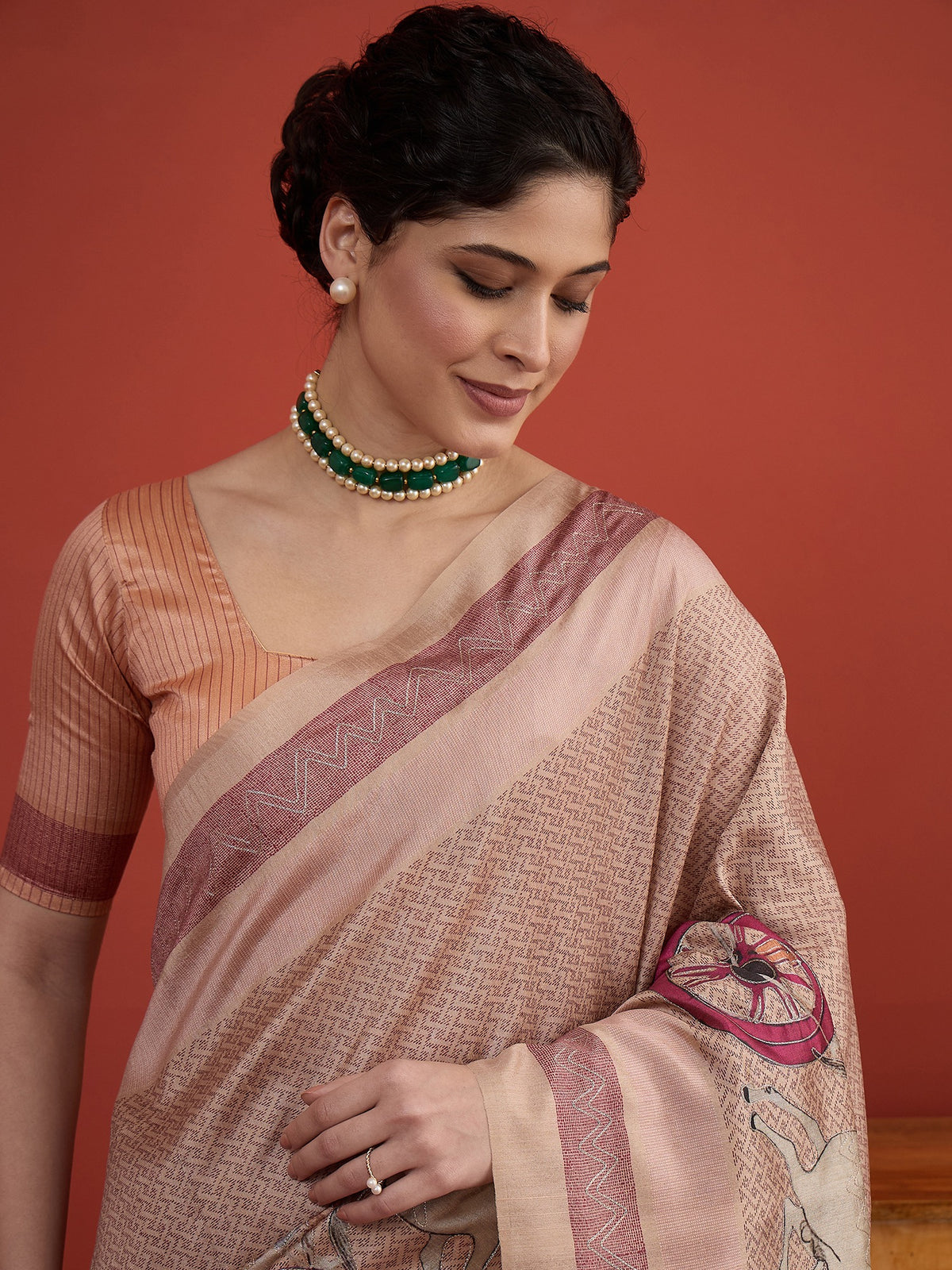 Peach art silk saree view 3