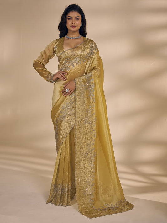 Yellow applique organza saree with yellow blouse piece
