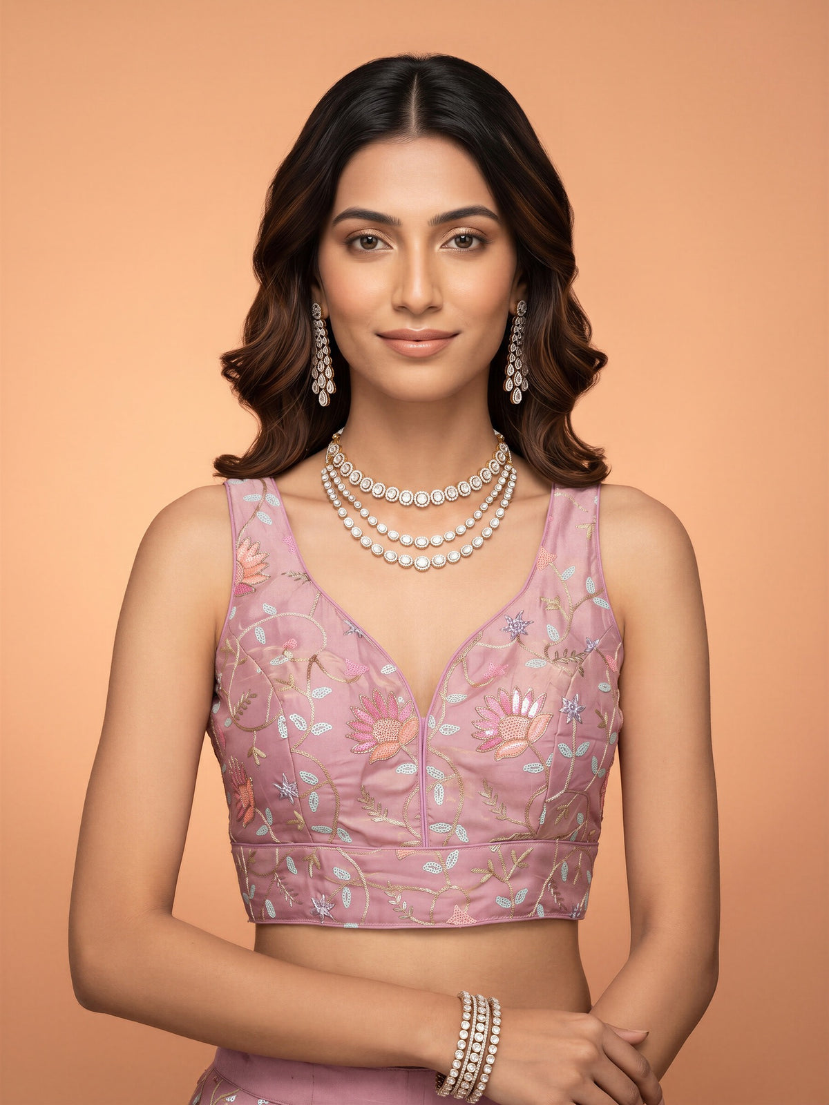 Mauve sequin embellished satin sleeveless readymade saree blouse with deep v neck