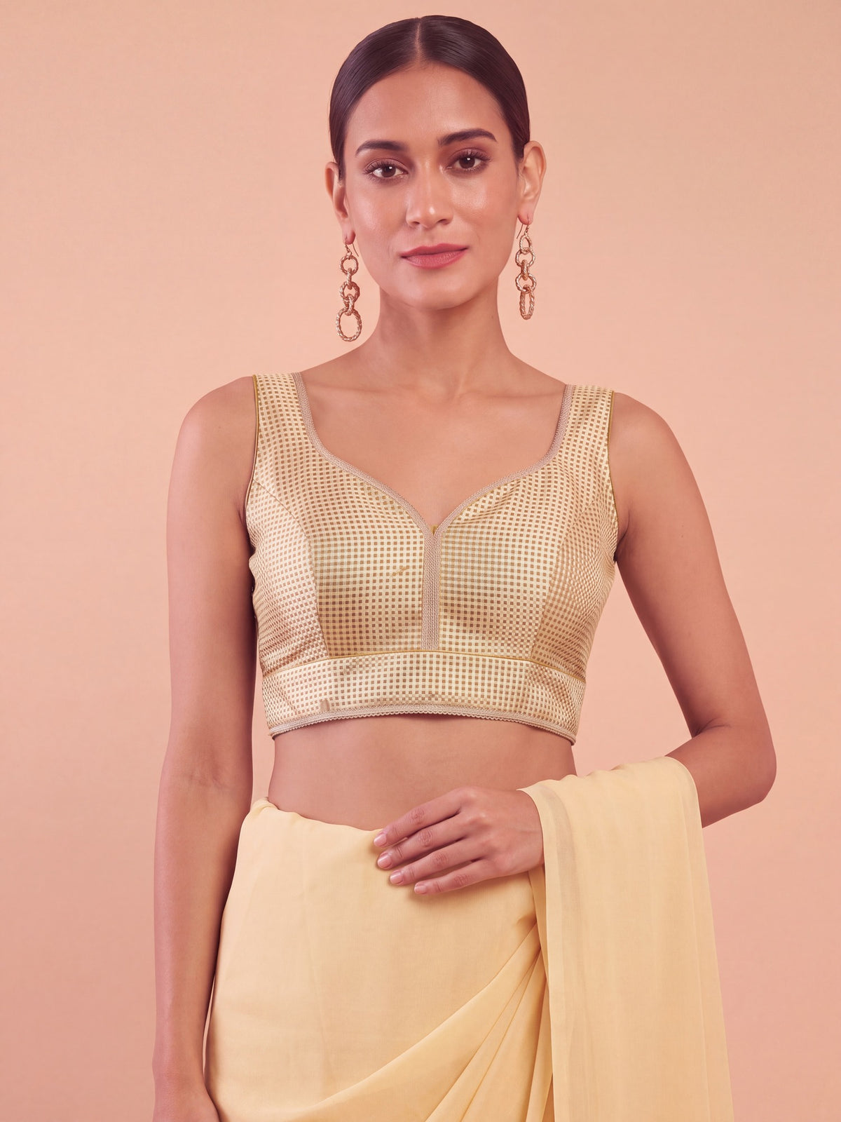 Gold woven metallic jacquard sleeveless readymade saree blouse with sweetheart neck view 4