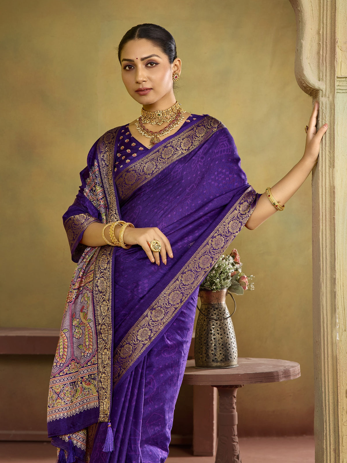 Purple tussar silk saree view 3