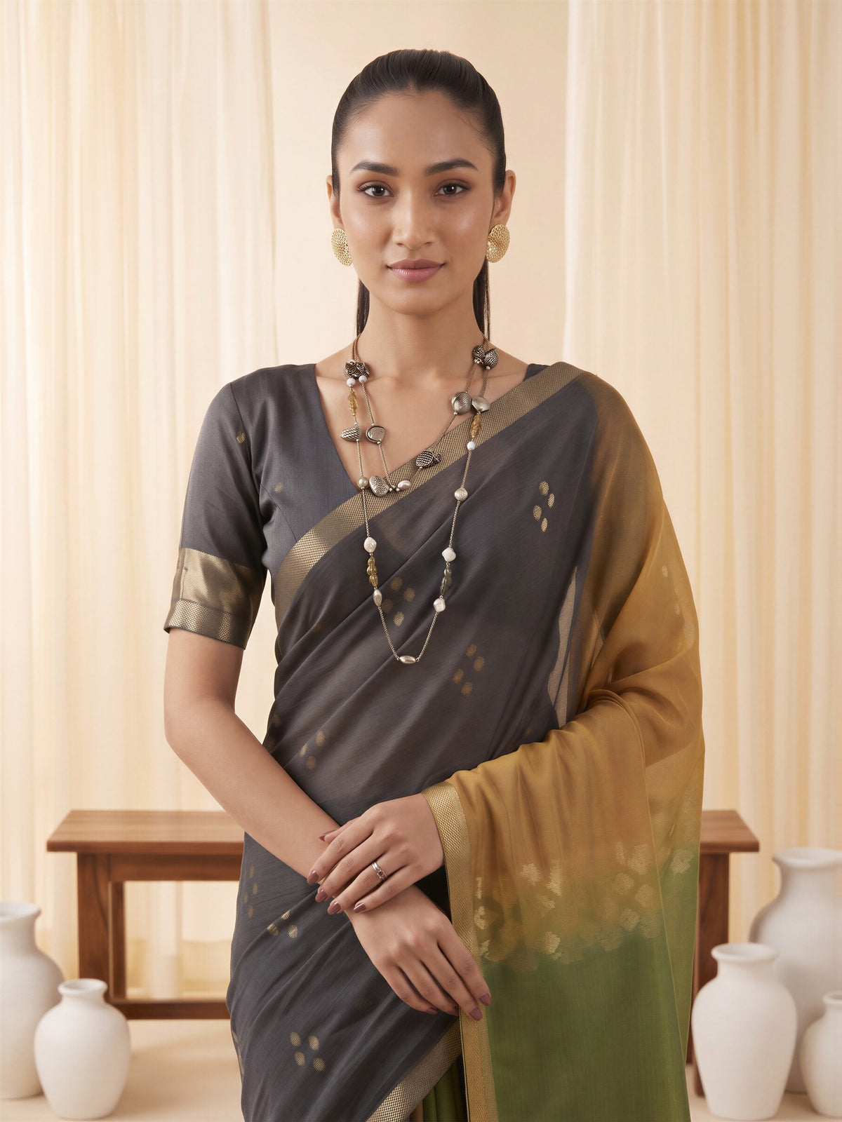 Mustard Viscose Silk saree – detail view 3