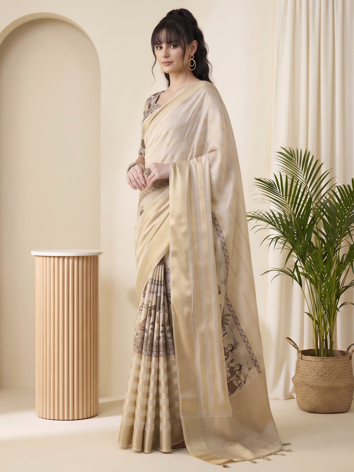 Cream Viscose Silk saree – detail view 2