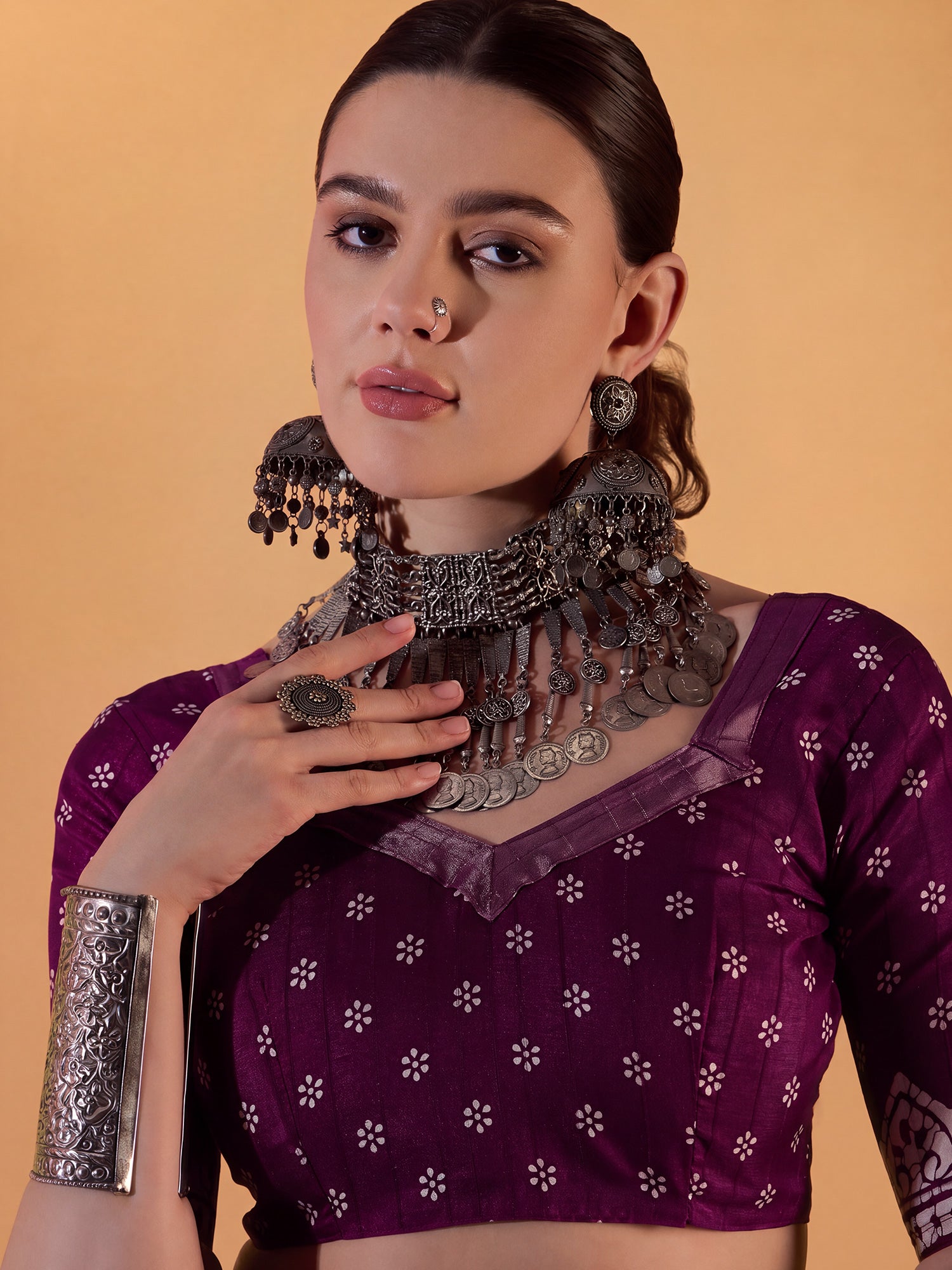 Unstitched purple silk blend blouse piece with ethnic motif design