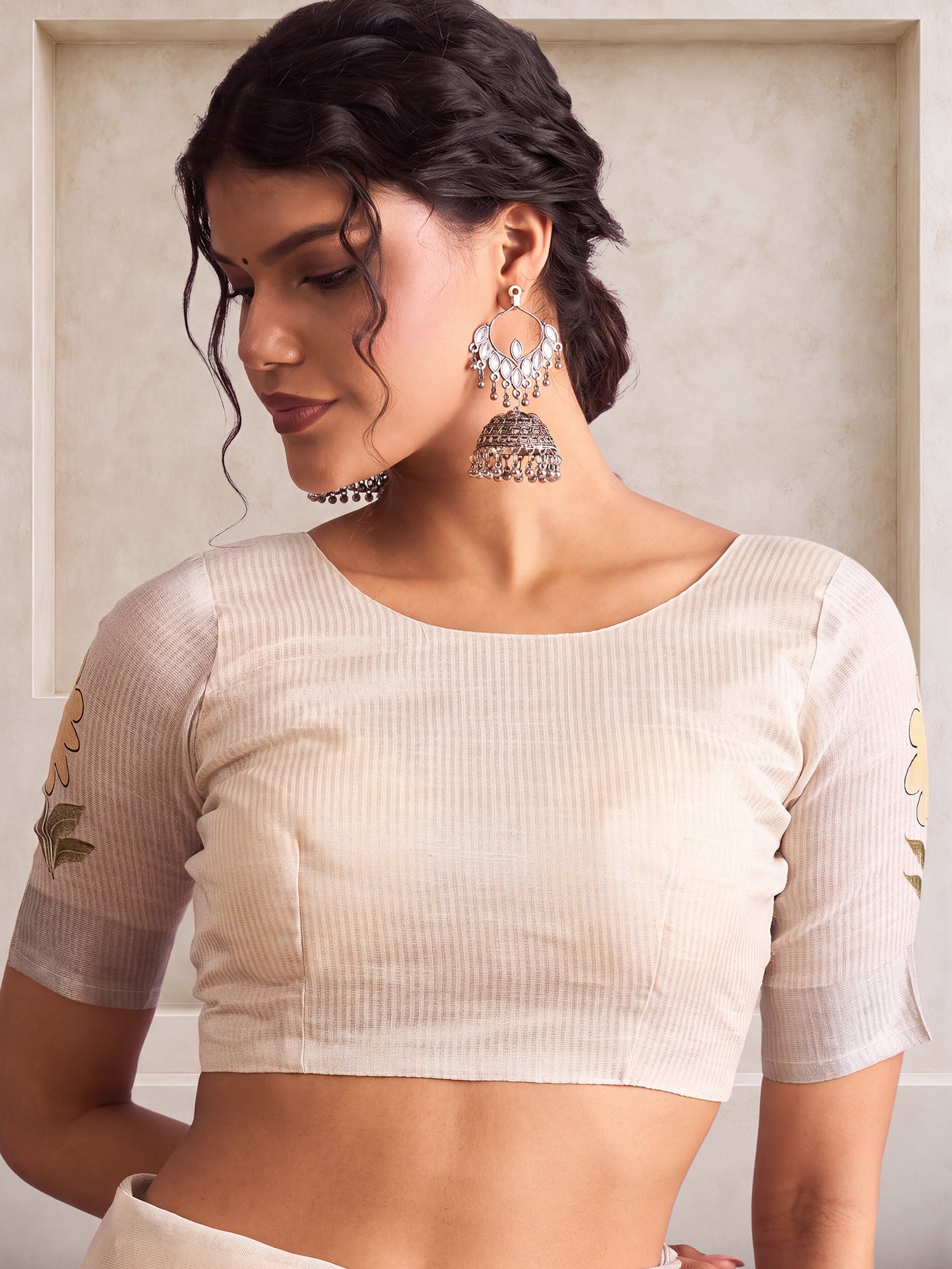 Unstitched beige linen blouse piece with ethnic motif design