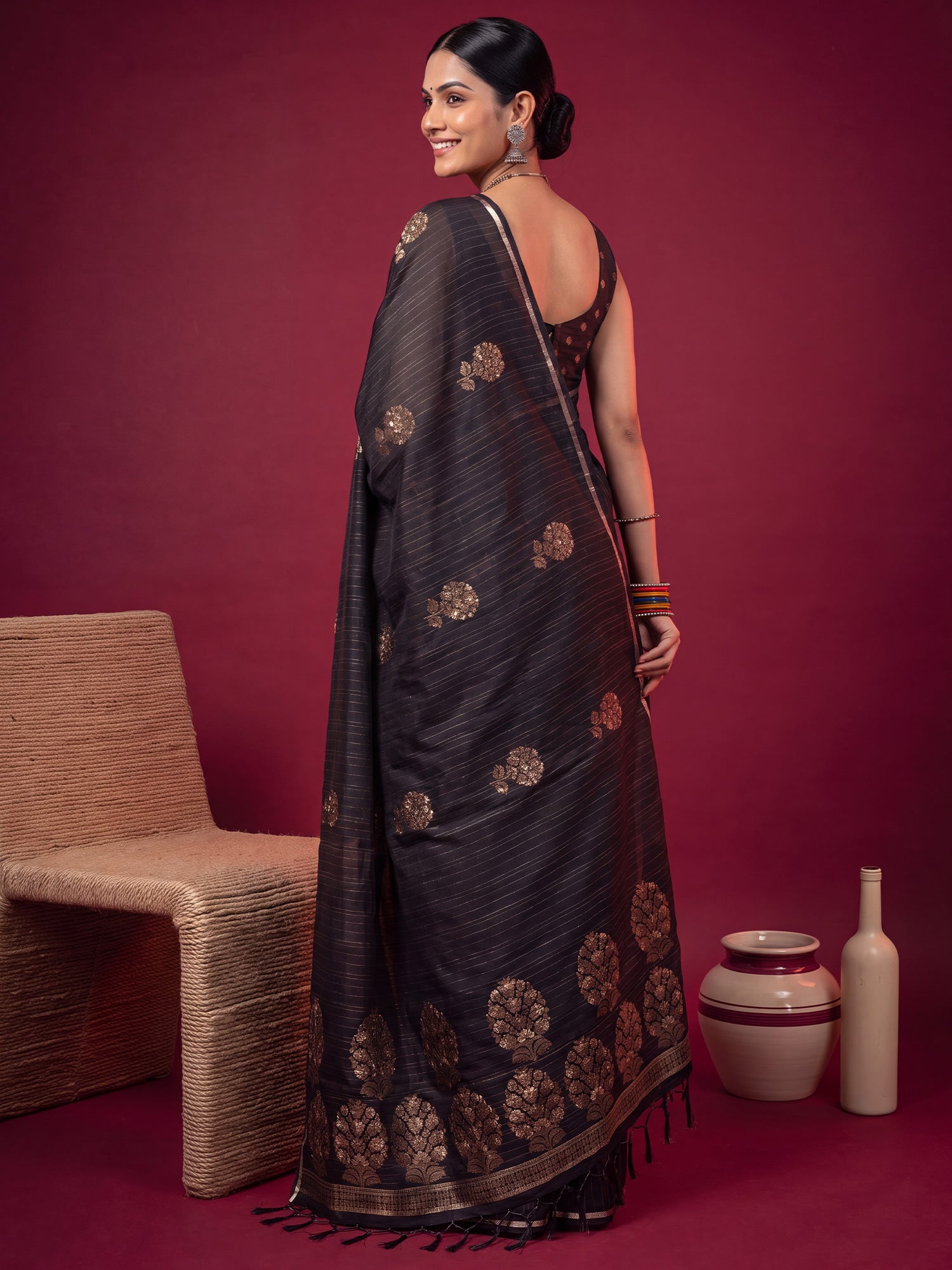Black Satin Silk saree – detail view 1