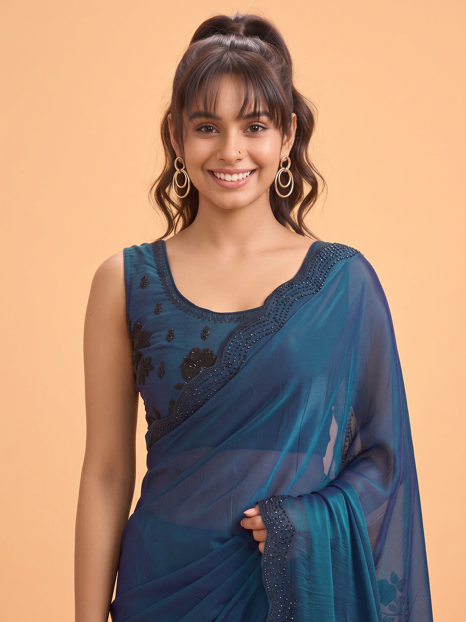 Teal Blue Satin Silk saree – detail view 4
