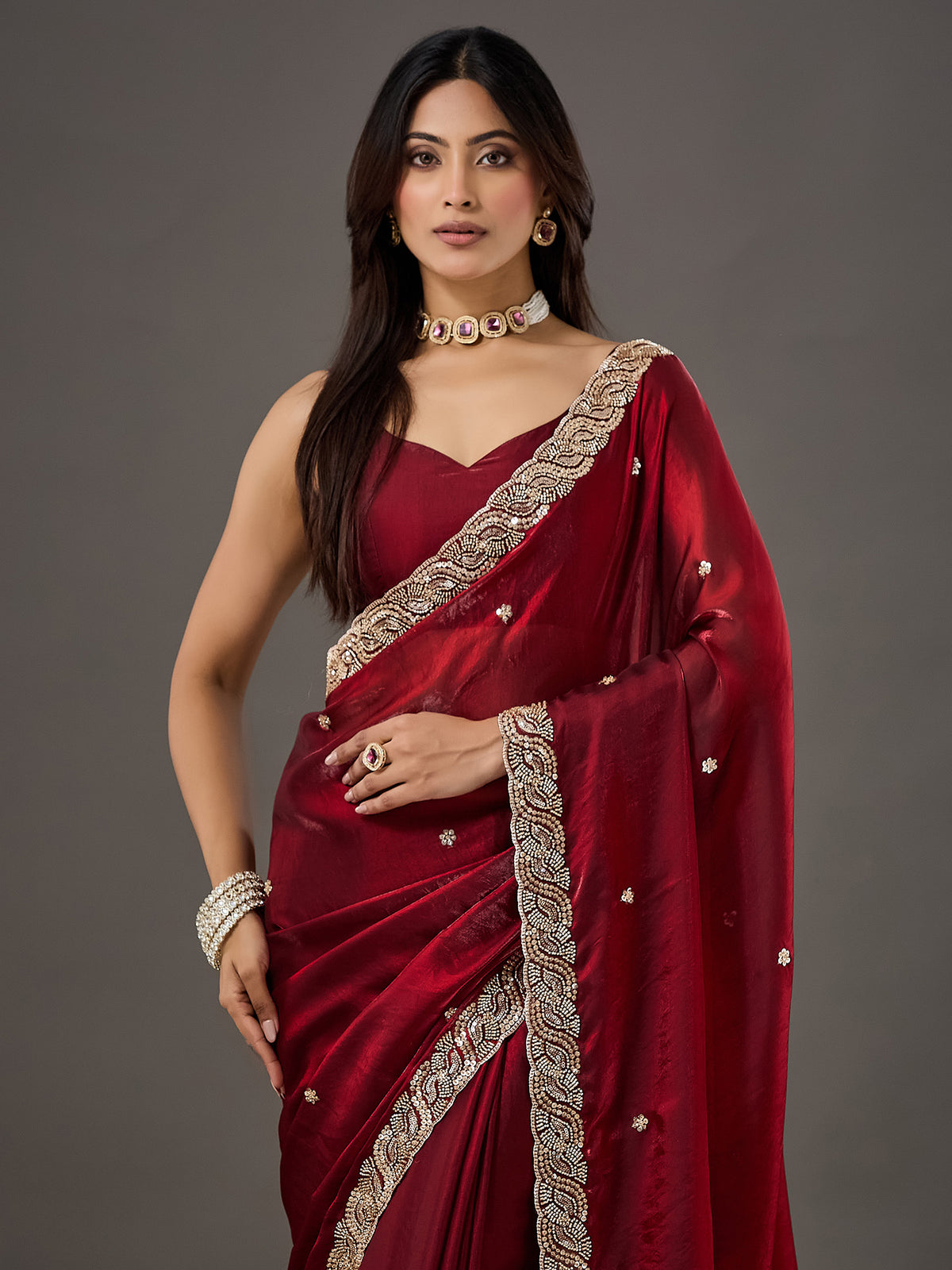 Maroon Satin saree – detail view 3