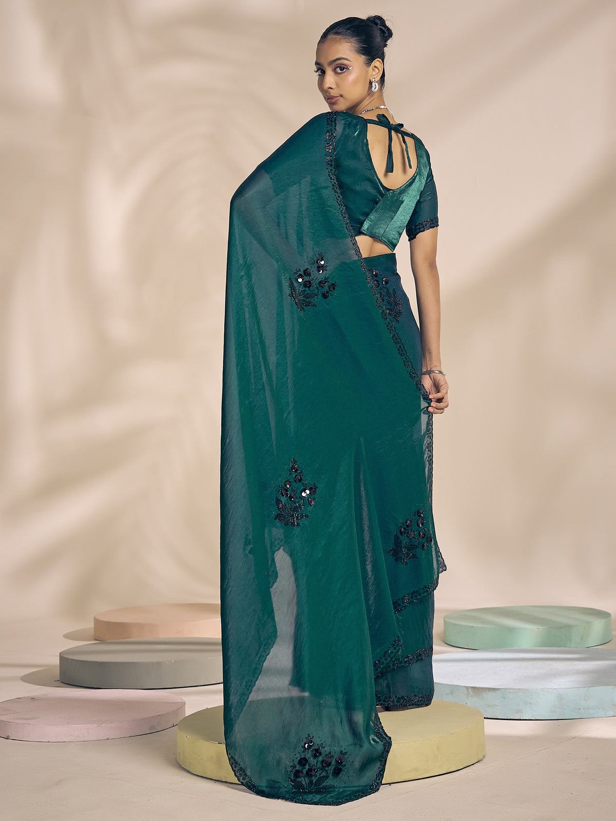 Teal satin silk saree view 2