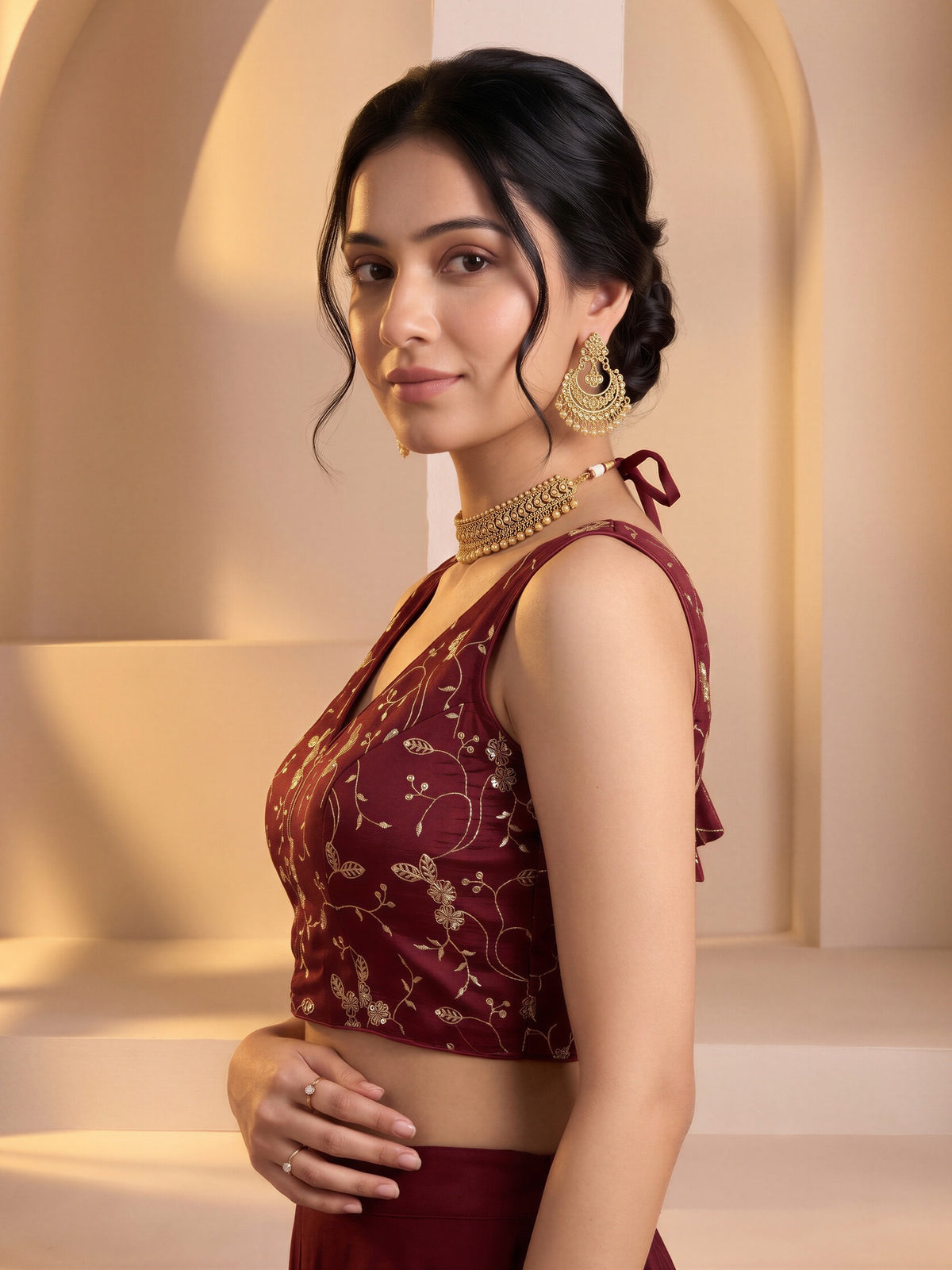Maroon sequin embroidered vichitra silk sleeveless readymade saree blouse with v neck view 2
