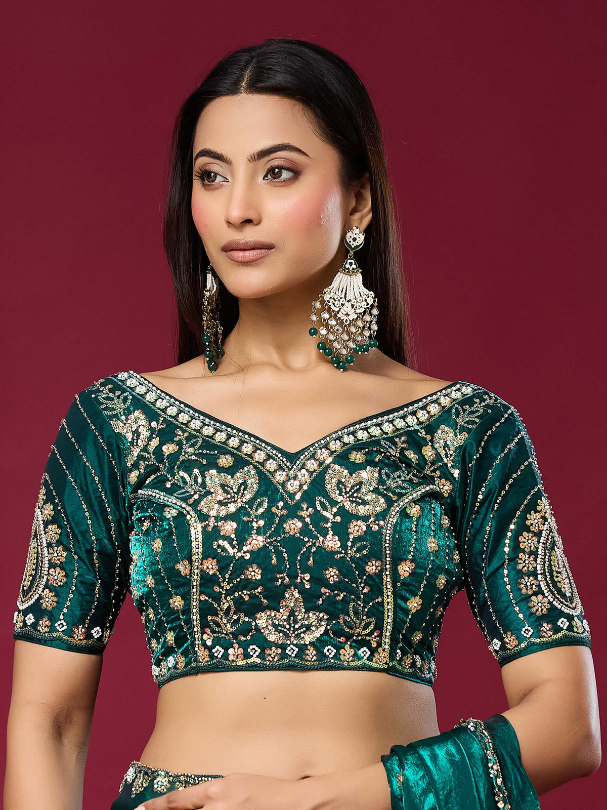 Unstitched teal green satin silk blouse piece with embellished design
