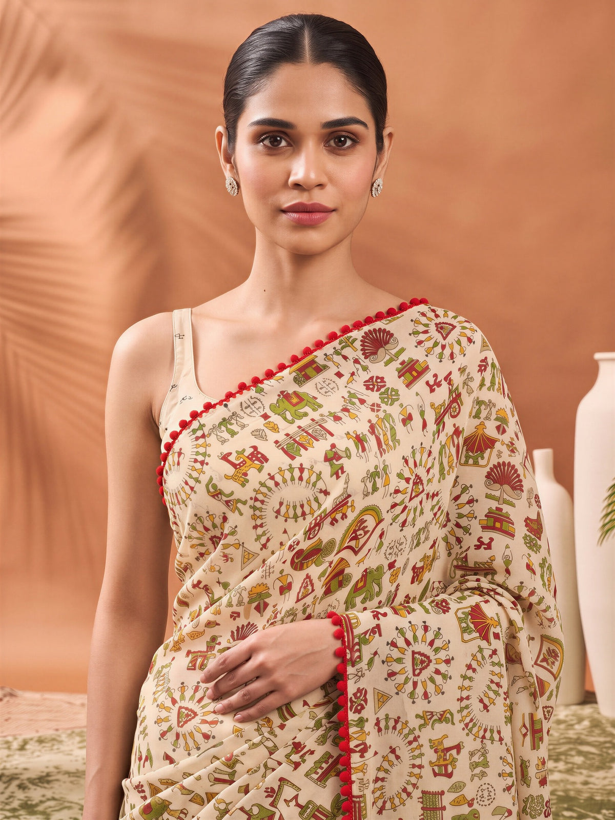 Beige georgette saree view 4