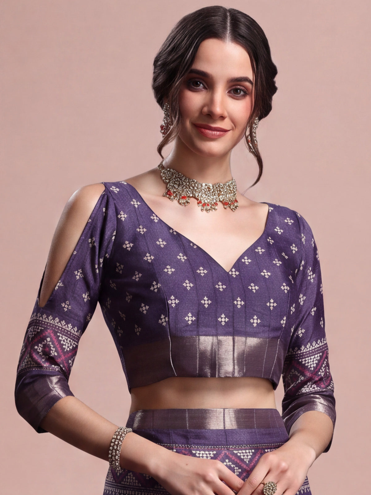 Unstitched purple silk blend blouse piece with geometric design