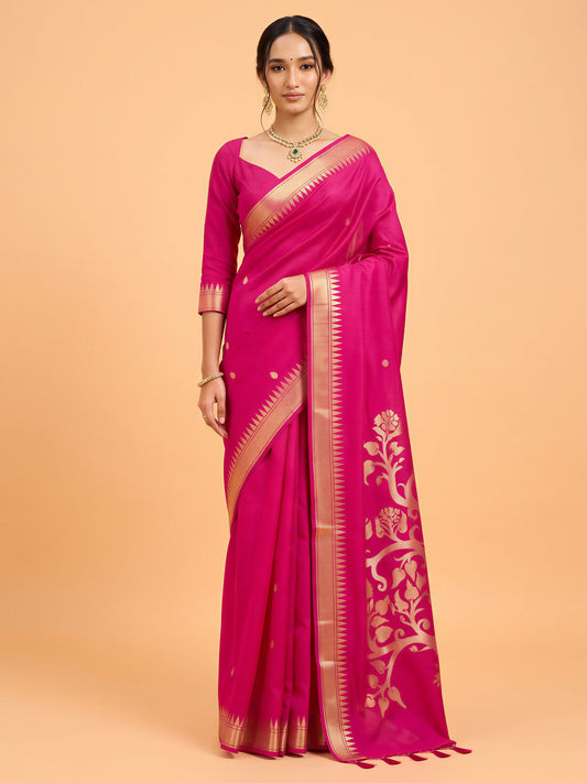 Woman wearing pink art silk saree with all-over floral design and pink blouse