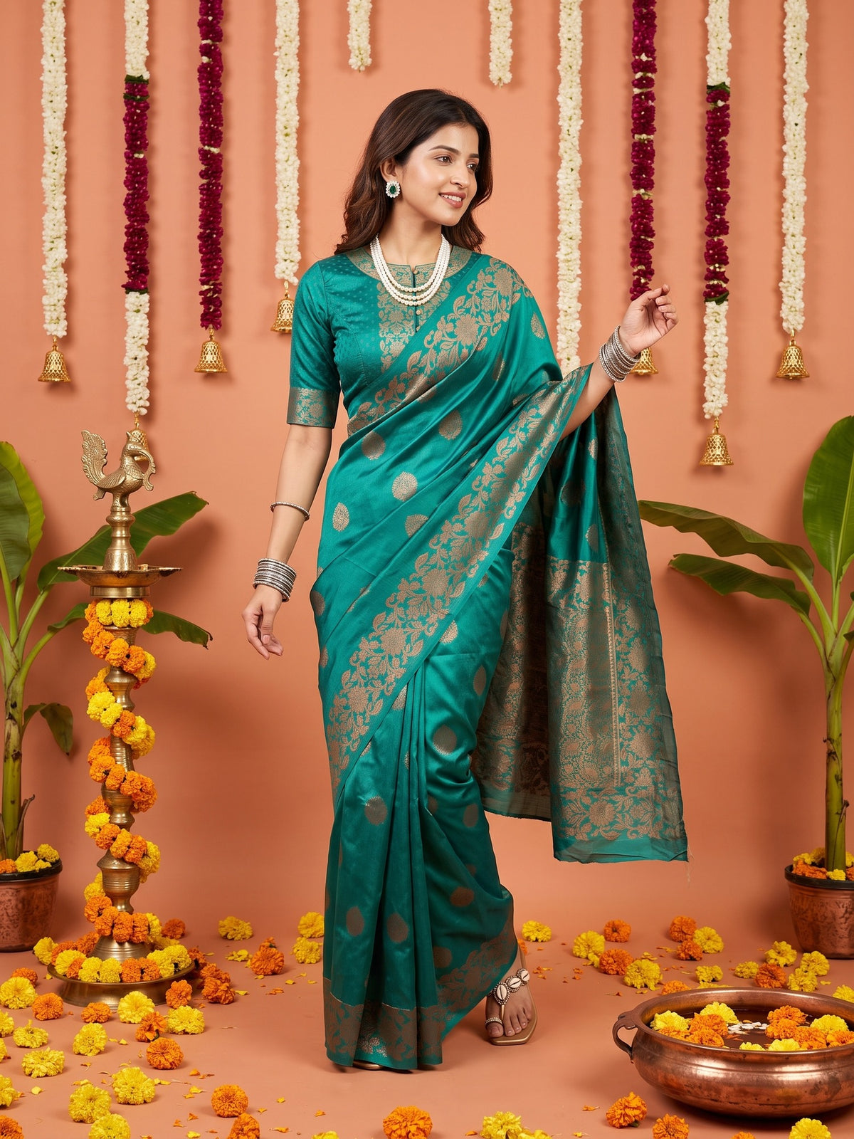 Teal Blue Silk Blend saree – detail view 1