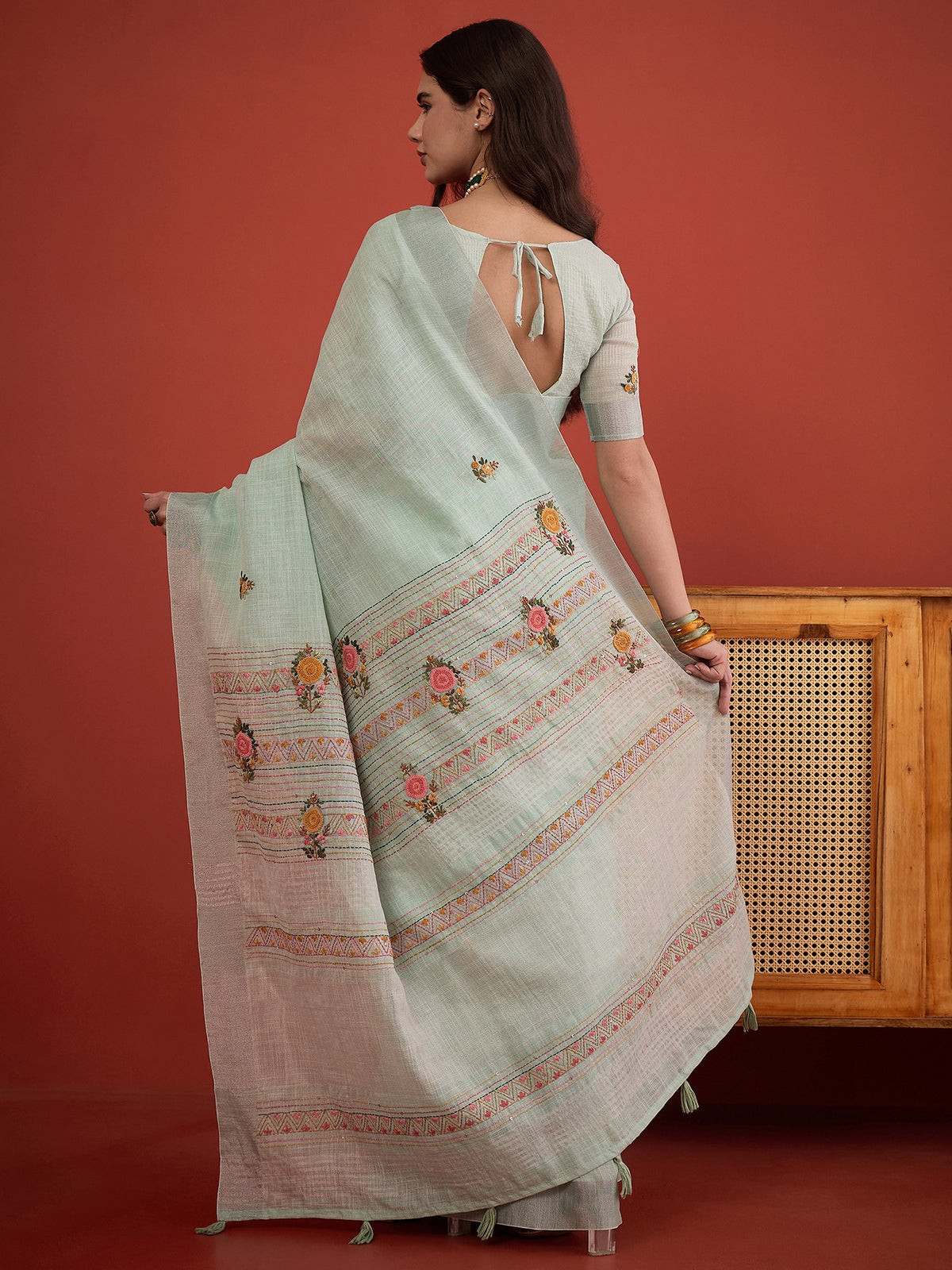 Light Blue linen blend saree view 2