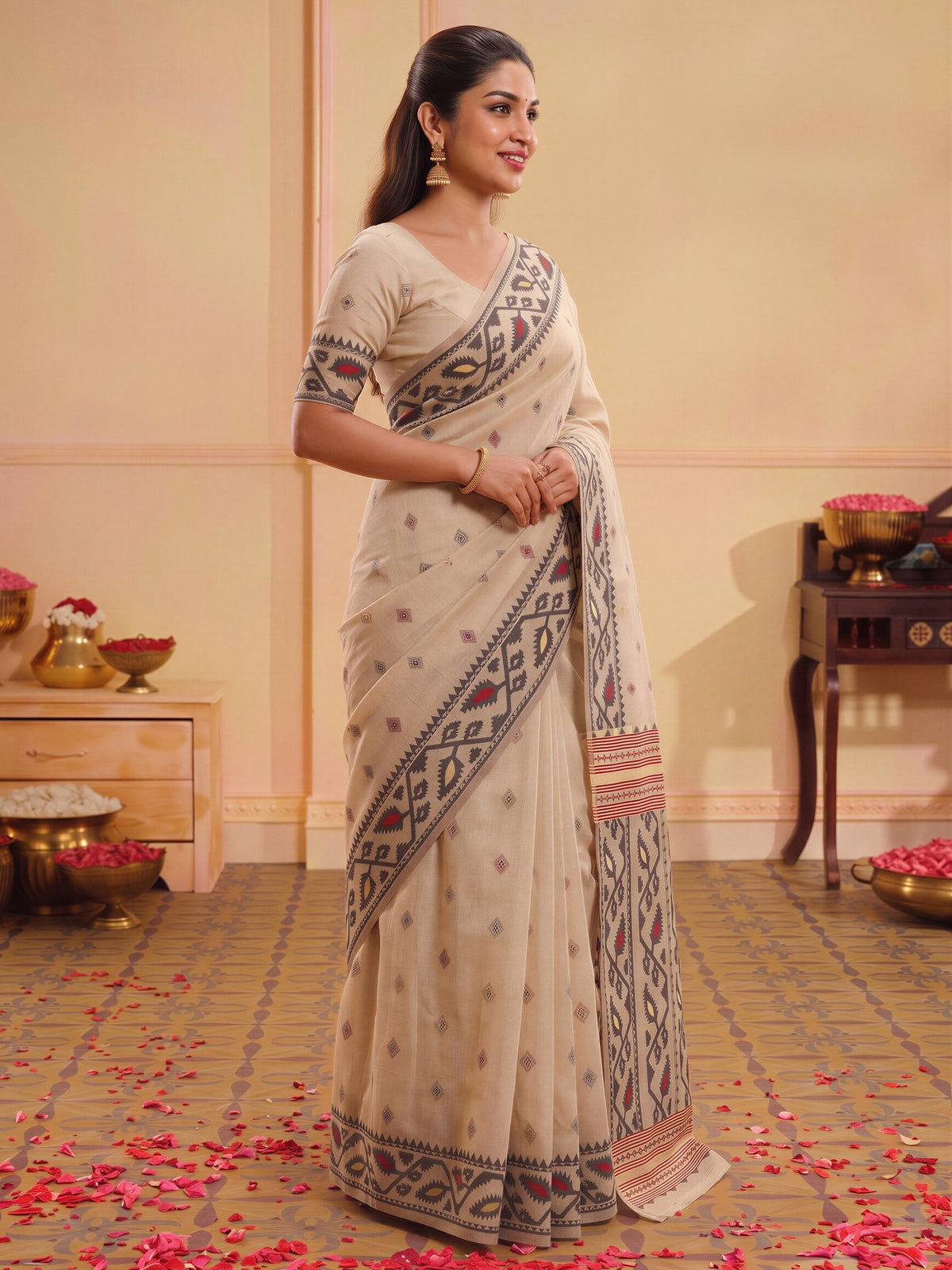 Beige linen saree view 2