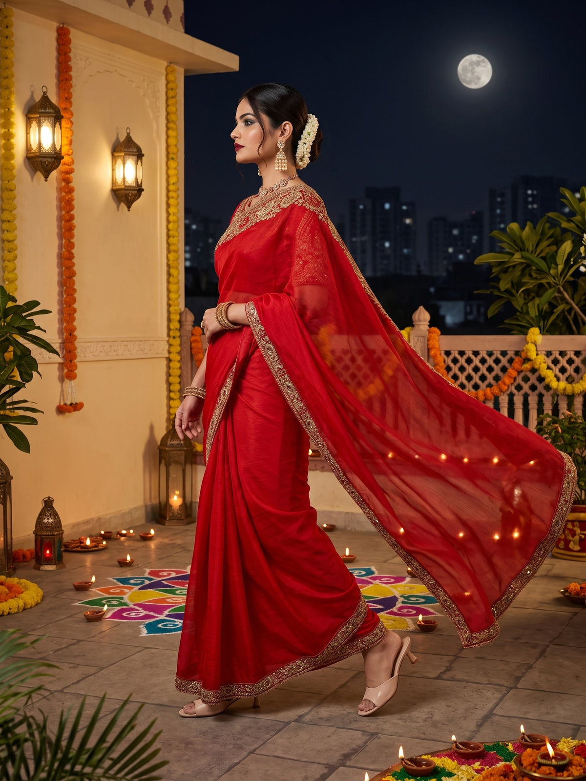 Red Satin saree – detail view 4