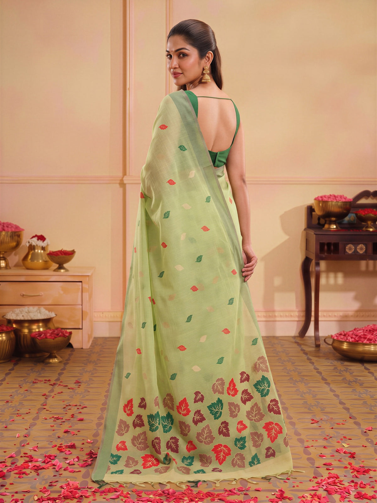 Lime Green silk blend saree view 1
