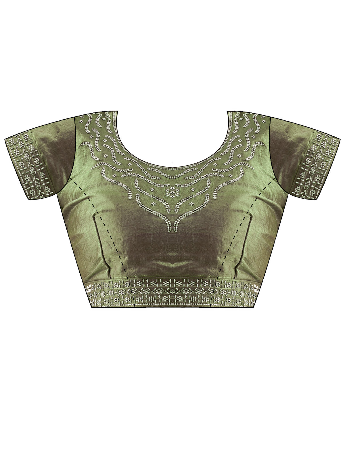 Unstitched olive satin silk blouse piece with embellished design