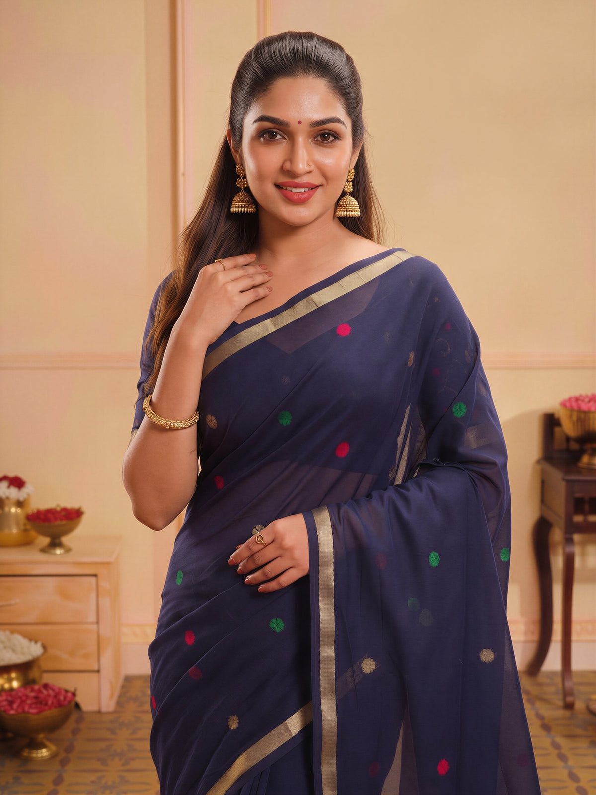 Navy Blue silk blend saree view 4