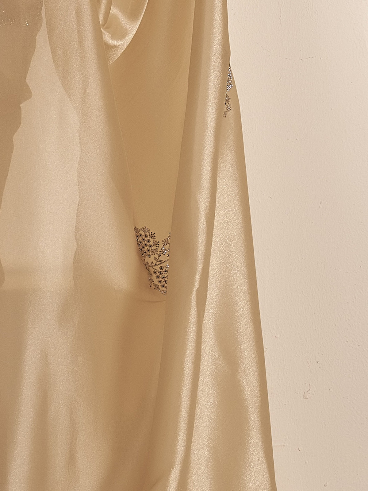Pallu detail of champagne organza saree showing ornamented surface design and scallop border