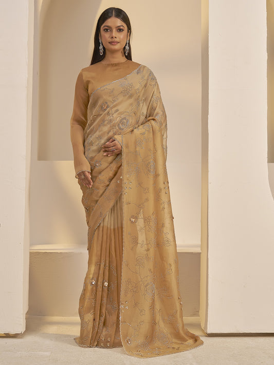 Gold applique organza saree with gold blouse piece