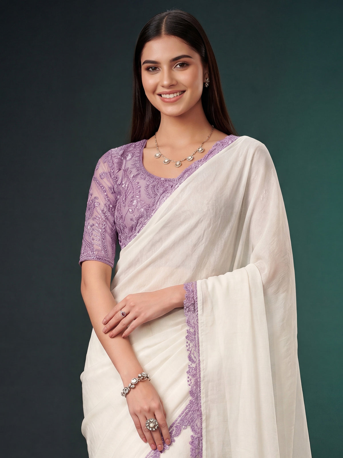 White Georgette saree – detail view 4