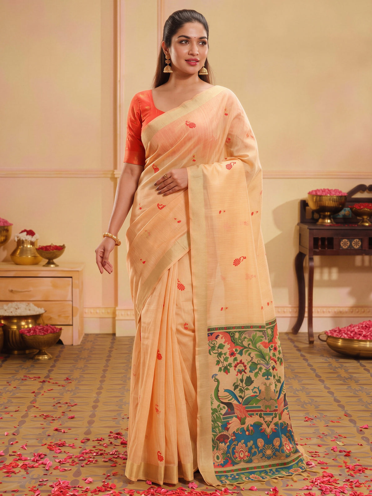 Peach ethnic motif silk blend saree with orange blouse piece