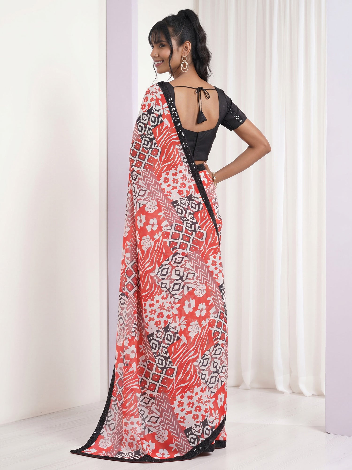 Orange Pure Georgette saree – detail view 1