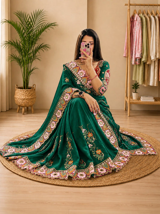 Green Pure Georgette saree – detail view 1