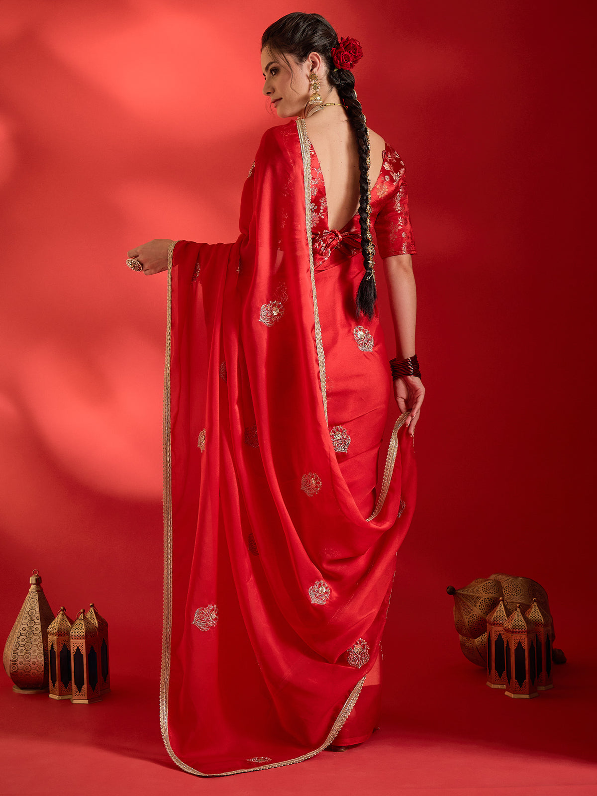 Red Pure Georgette saree – detail view 1