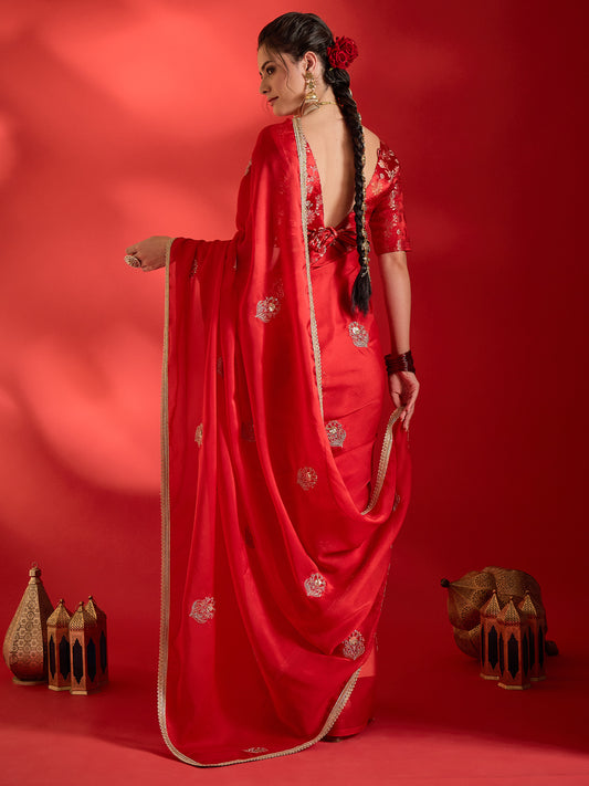 Red Pure Georgette saree – detail view 1