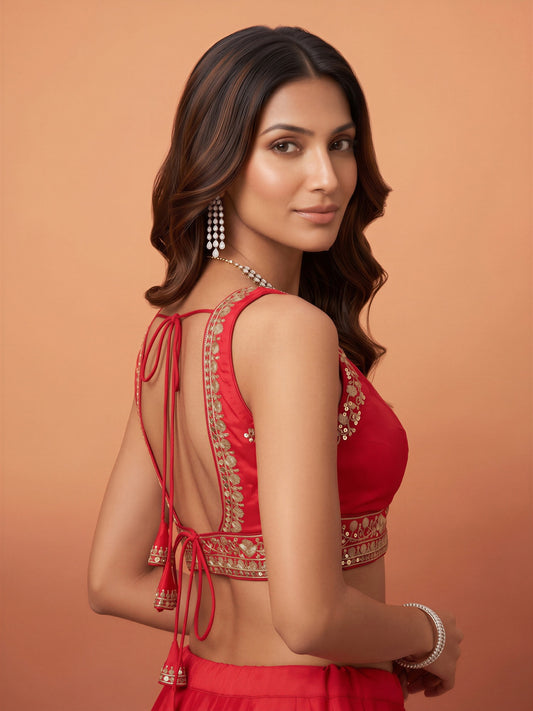 Pink sequin embellished silk blend sleeveless readymade saree blouse with deep v neck view 1