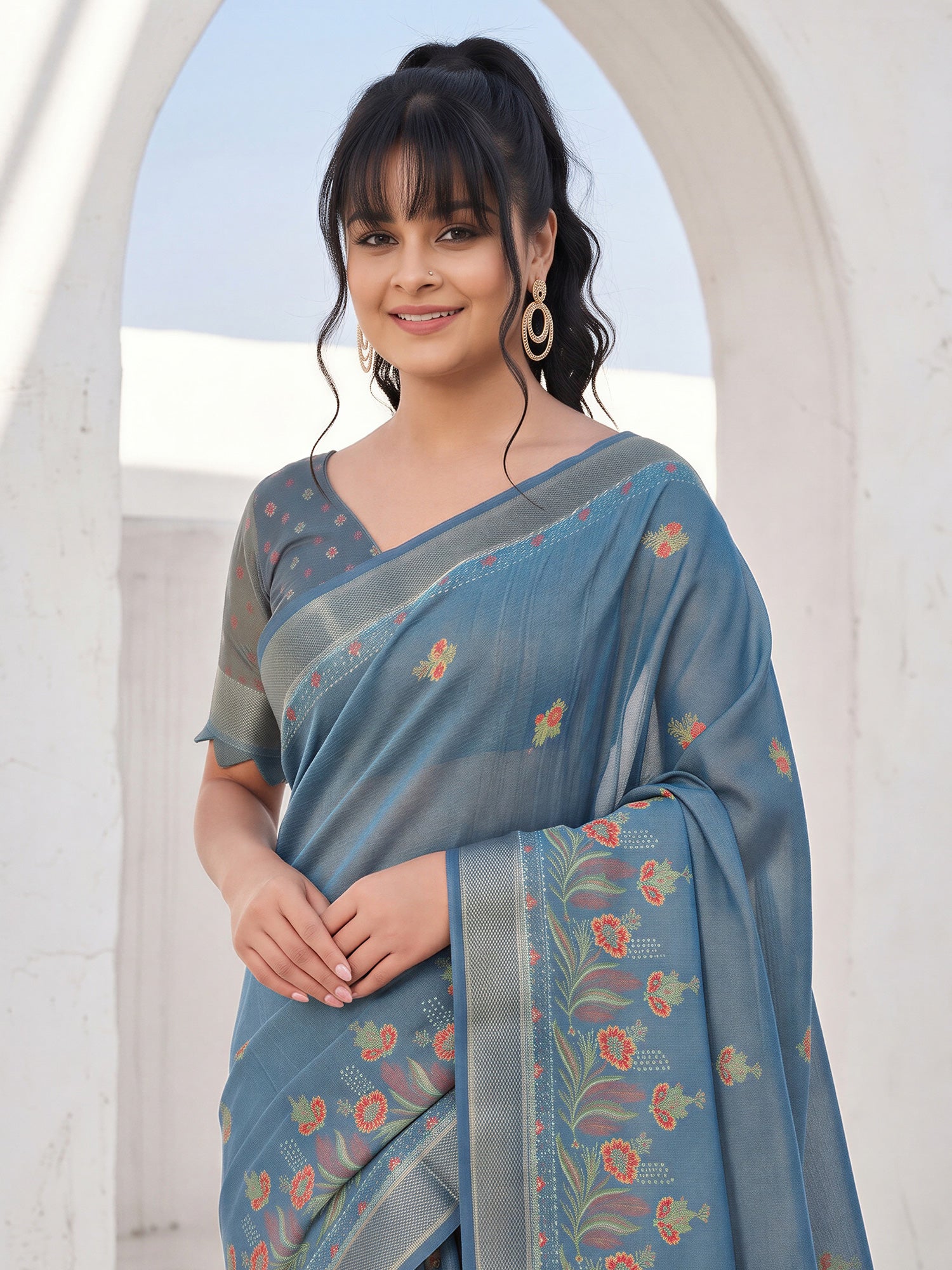 Teal Blue Cotton Silk saree – detail view 4