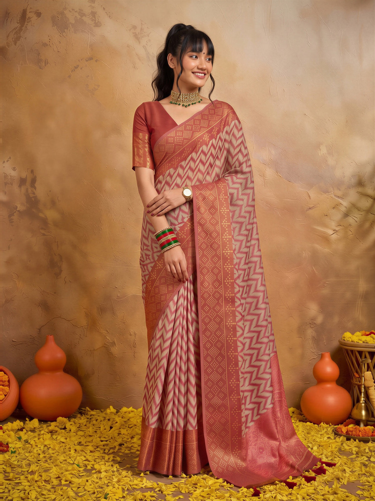 Orange Viscose saree – detail view 3