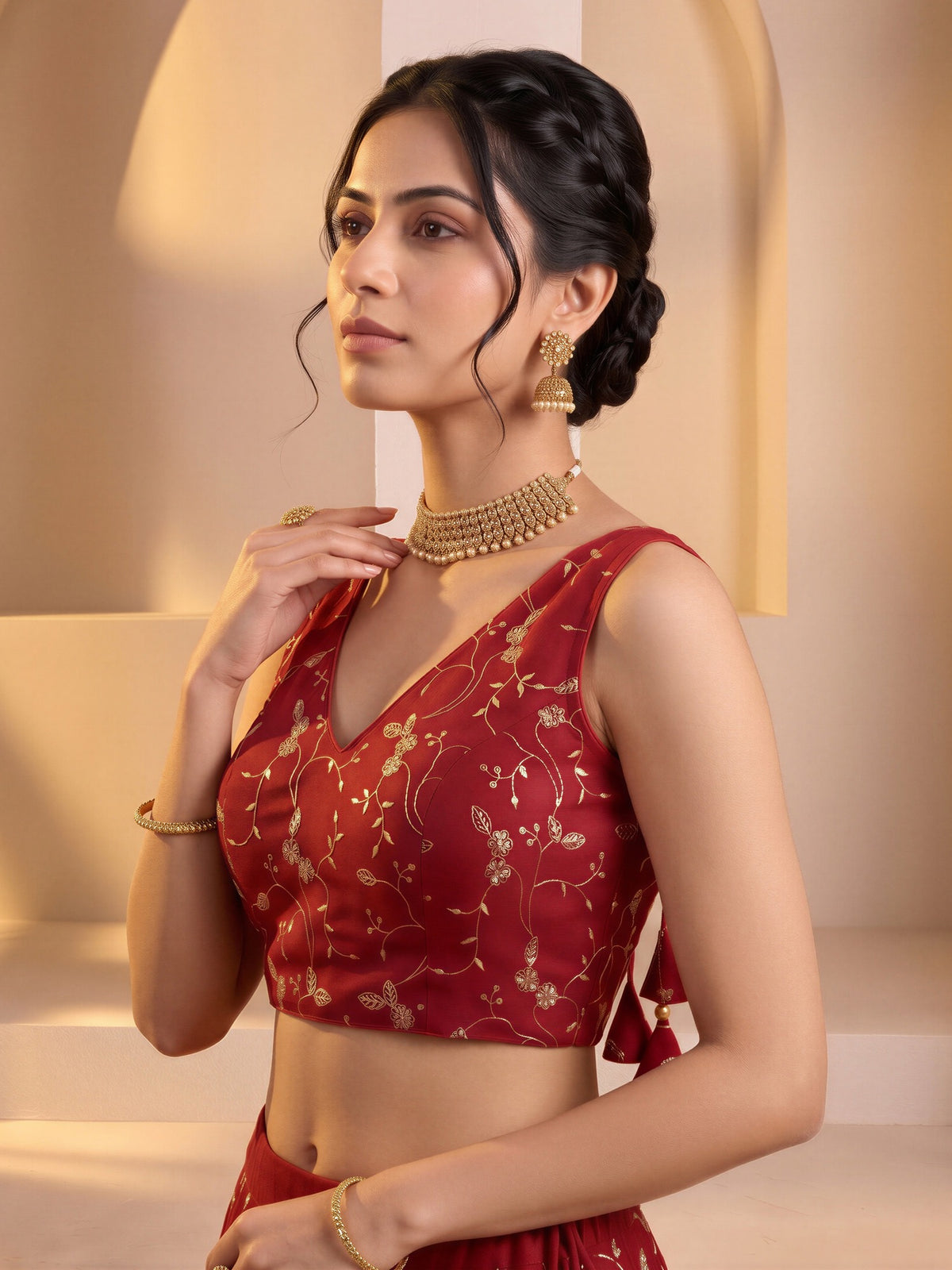 Red sequin embroidered vichitra silk sleeveless readymade saree blouse with v neck view 2