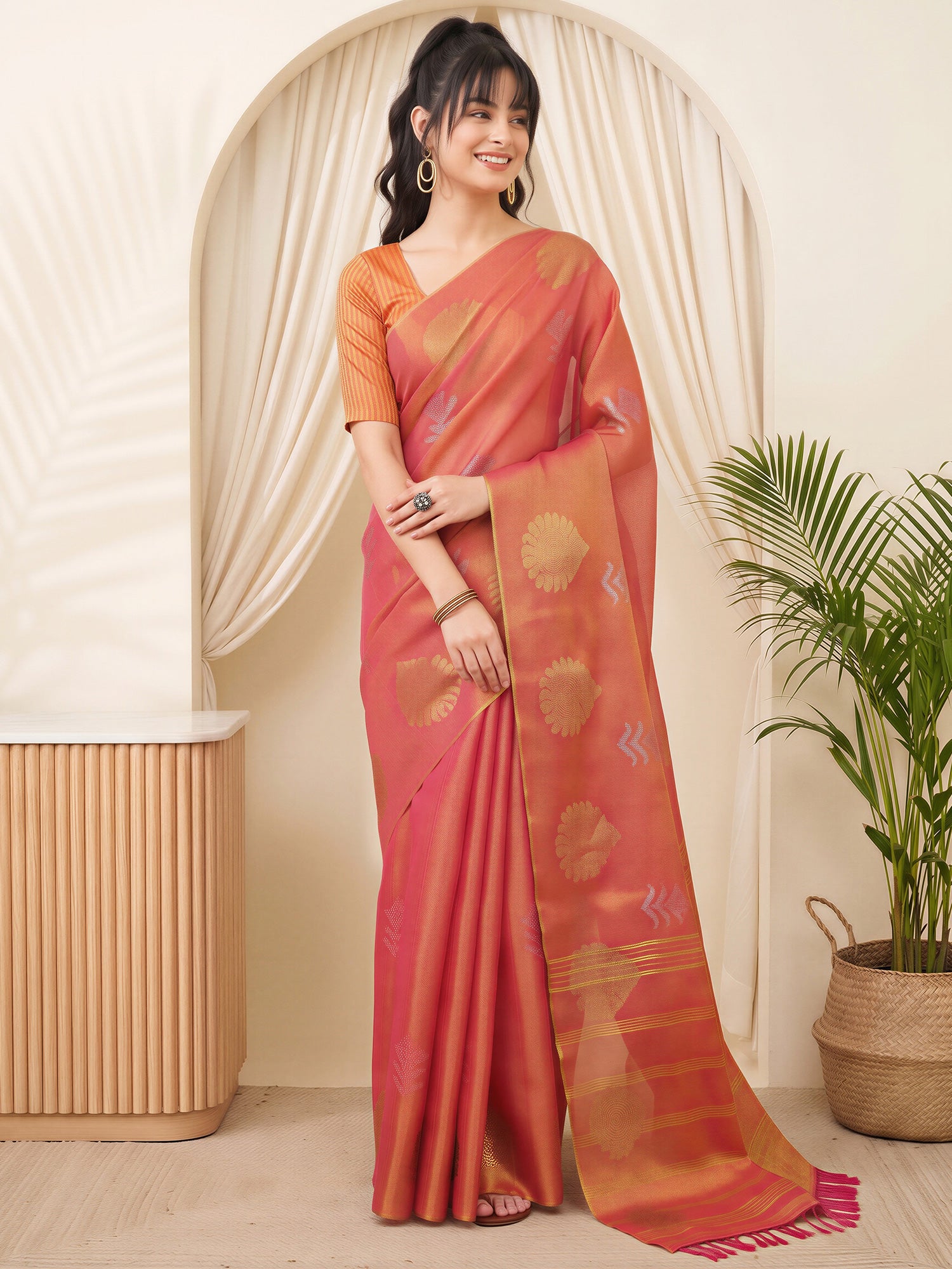 Orange Linen saree – detail view 2